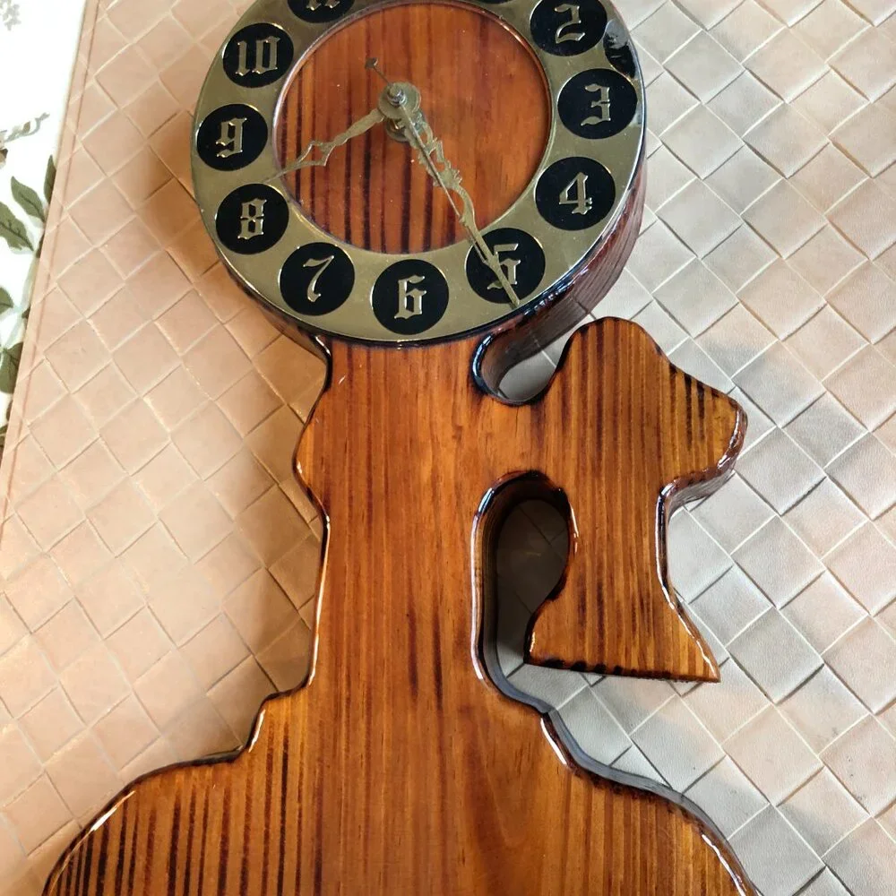 Retro Telephone Wall Clock Wood Handcrafted